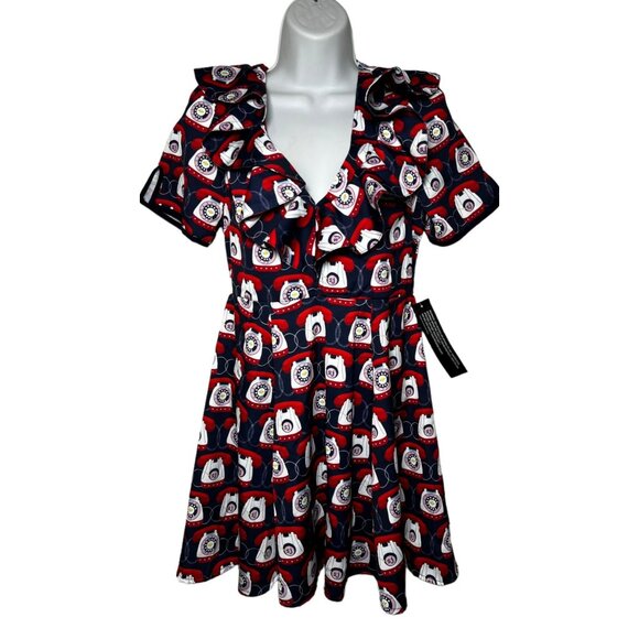 NWT Sister Jane Telephone Print Tea Dress With Frills Blue Multicolor Small - Picture 5 of 15